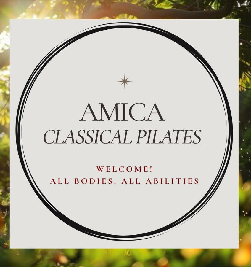 Amica photos Three photos of the Amica Classical Pilates logo, studio space, and Riverdale Park located next door.